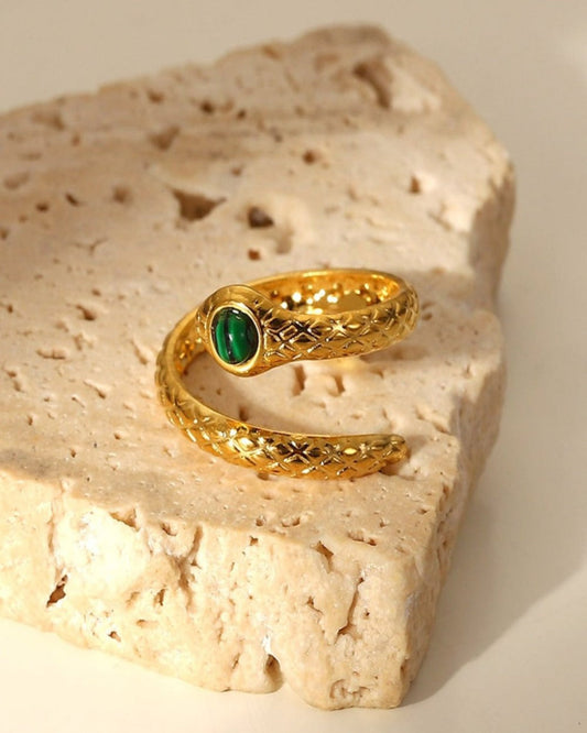 18K Gold Snake Ring with Bypass Malachite