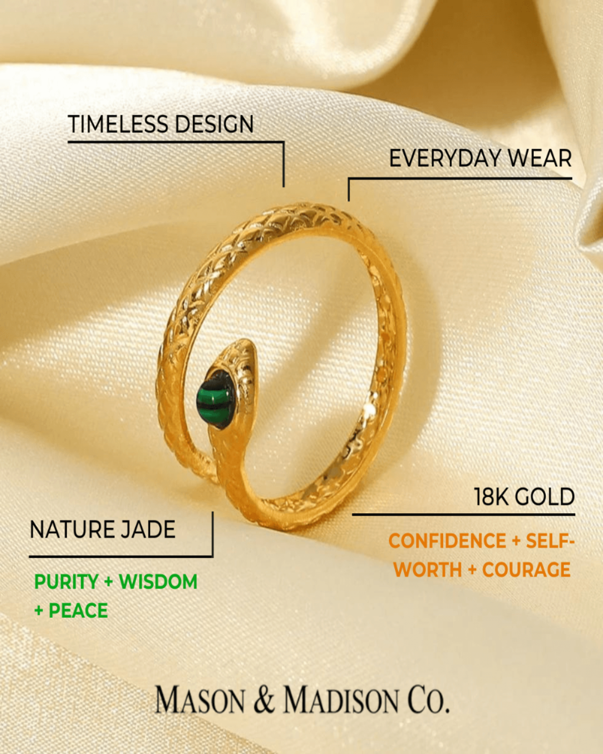 18K Gold Snake Ring with Bypass Malachite