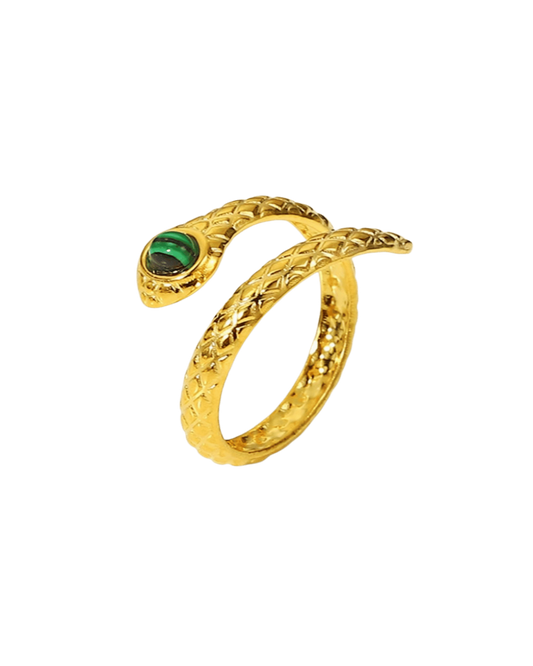 18K Gold Snake Ring with Bypass Malachite